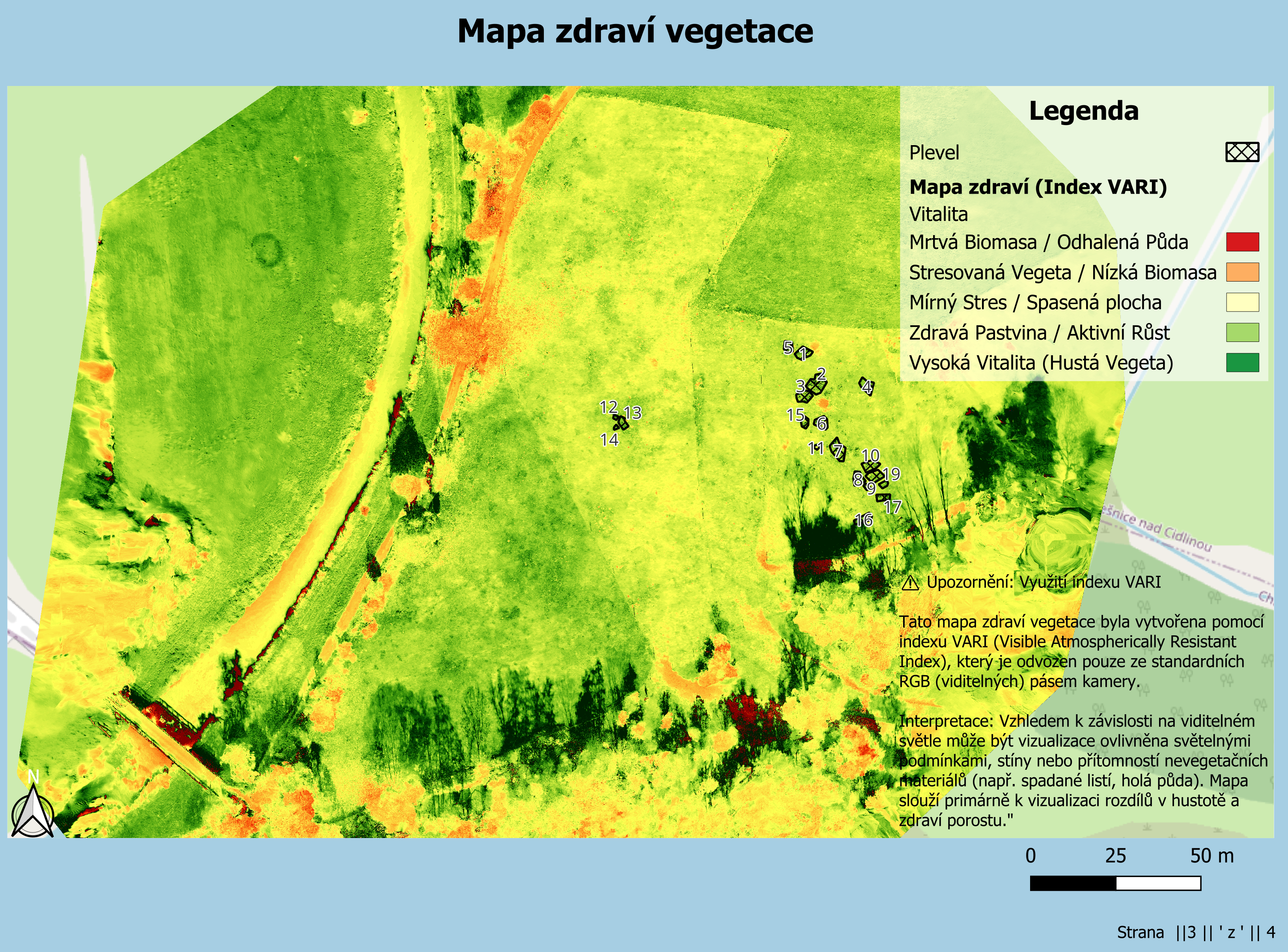 Ukázka mapy zdraví vegetace (VARI)